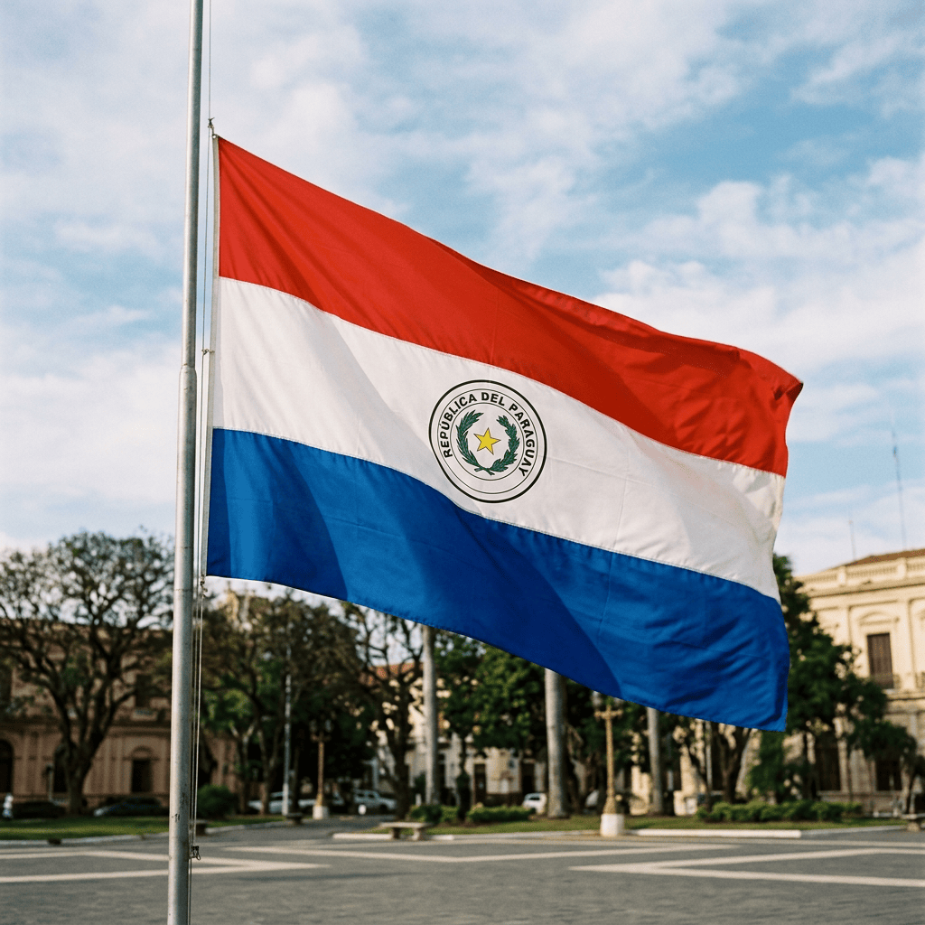 Paraguayan flag waving on a pole above a historic civic square